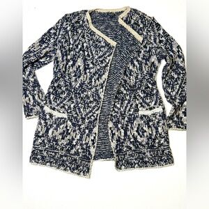 Lucky Brand Navy and Cream Open Front Knit Cardigan Textured Ikat Sweater Sz XL